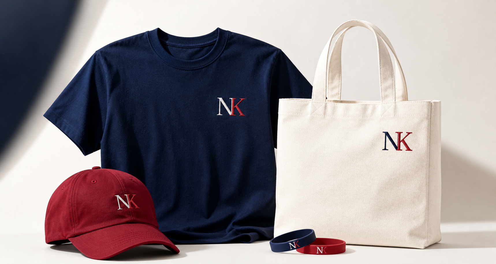 Navy campaign T-shirt, red cap, canvas tote and wristbands with NK monograms